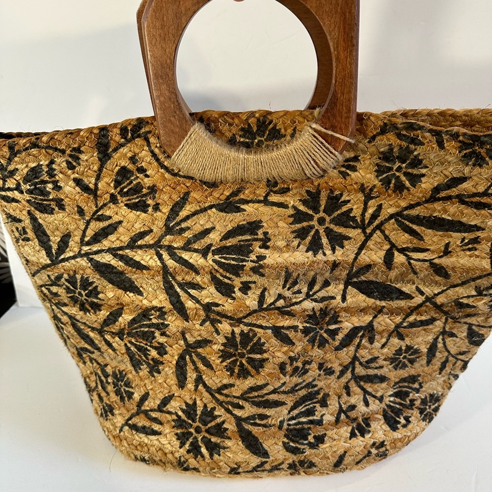 Antik Kraft Black and Brown Tote Bag with Wooden Handles